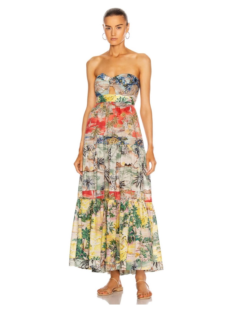 Zimmermann Juliette Spliced Tie Front Tropical Strapless Dress 0